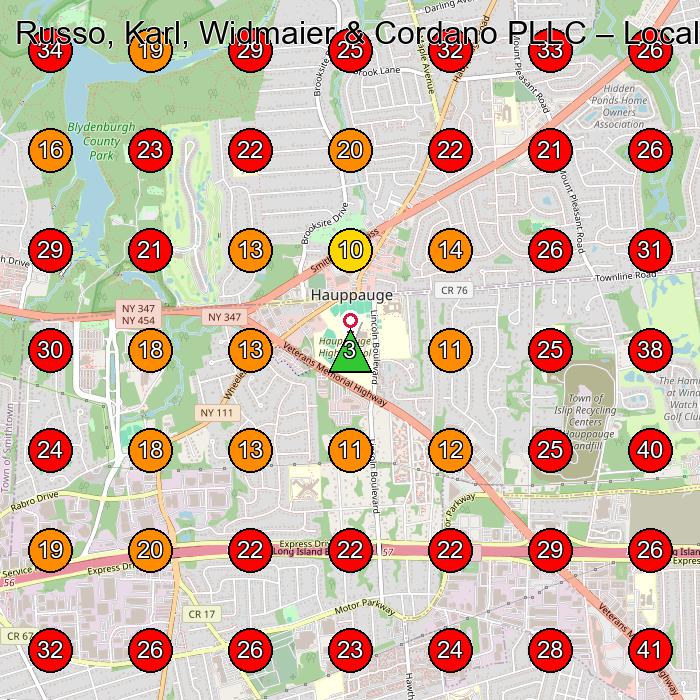 Russo, Karl, Widmaier & Cordano PLLC GeoGrid visibility map for Personal Injury Attorney in Islandia